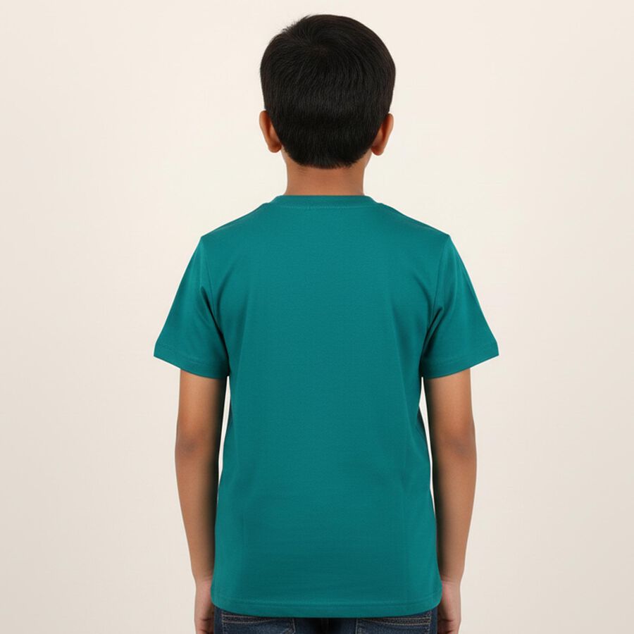 Boys Vibrant Teal Green Crew Neck Casual Graphic T-Shirt, गहरा हरा, large image number null