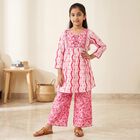 Girls Pink Round Neck Fusion Set Upper and Bottom Set, Pink, small
