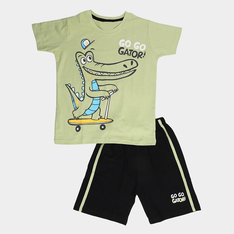 Boys Light Green 100% Cotton Round Neck Graphic Printed Baba Suit, Light Green, large