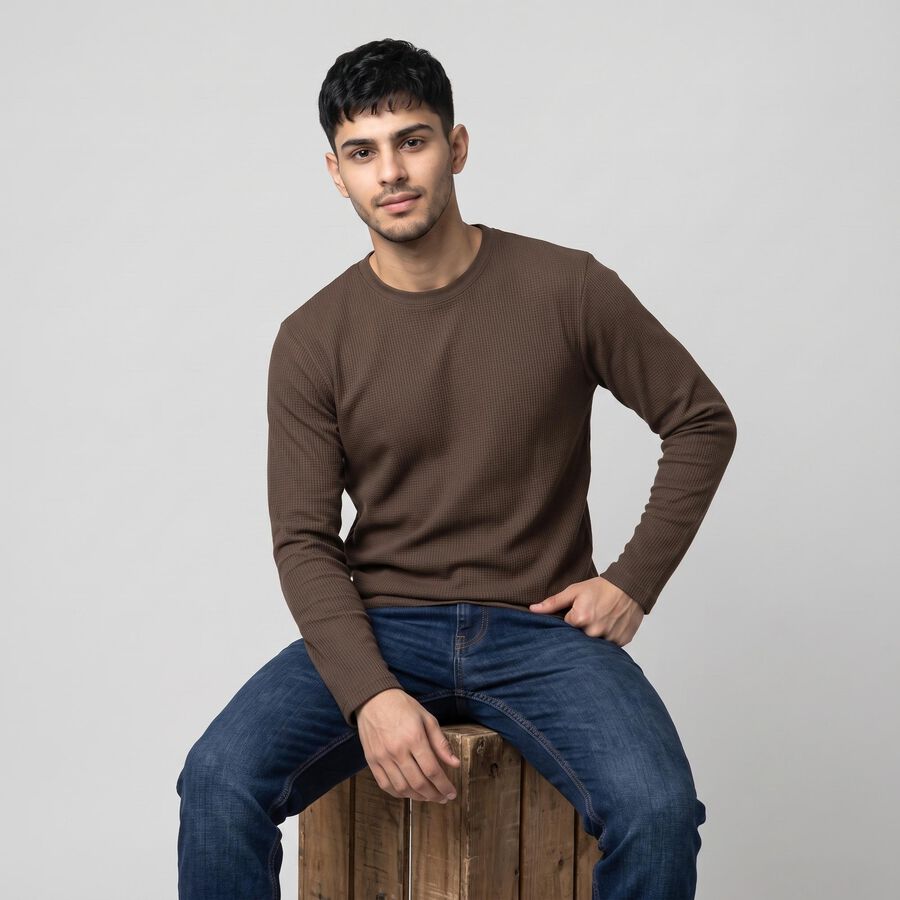 Men's Beige Crew Neck Regular T-Shirt, गहरा पीला, large