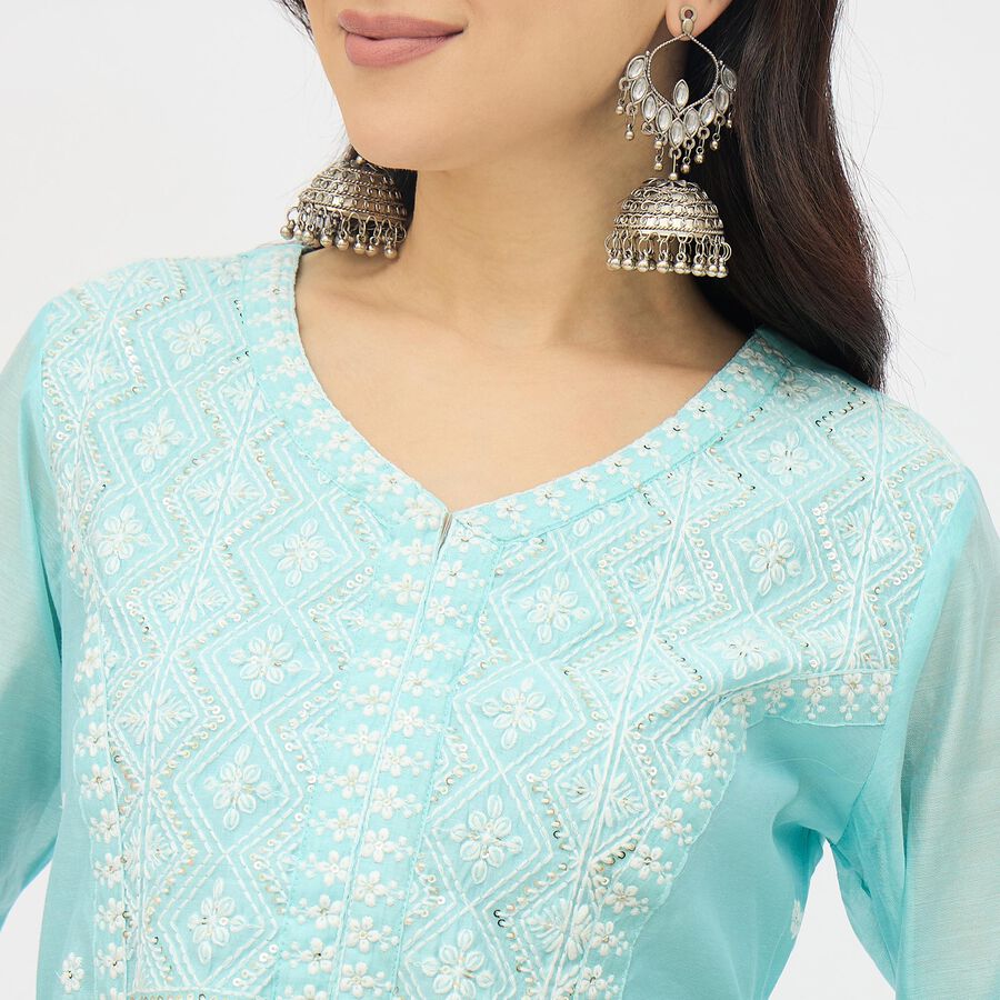 Women's Bright Aqua Blue V-Neck Embroidered Flared Kurta, एक्वा, large image number null