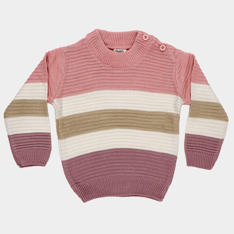 Infants Pastel Pink Crew Neck Striped Pullover, गुलाबी, large image number null