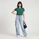 Women's Light Blue Relaxed Fit Cargo Jeans, हल्का नीला, small