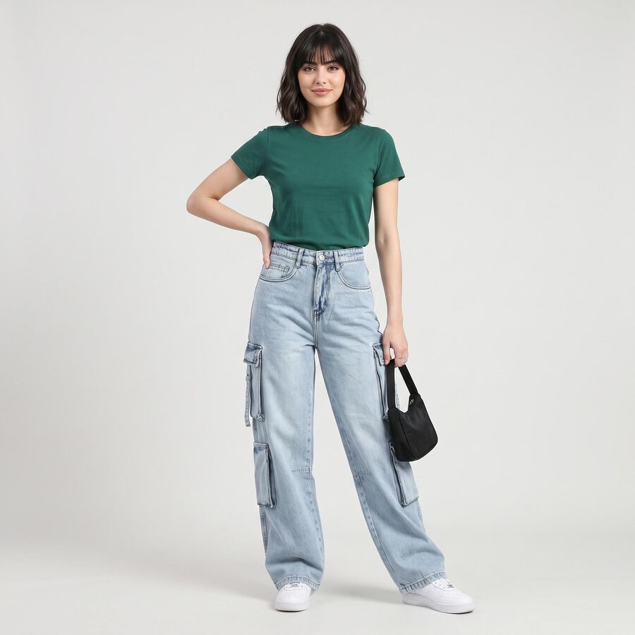 Women's Light Blue Relaxed Fit Cargo Jeans, हल्का नीला, large