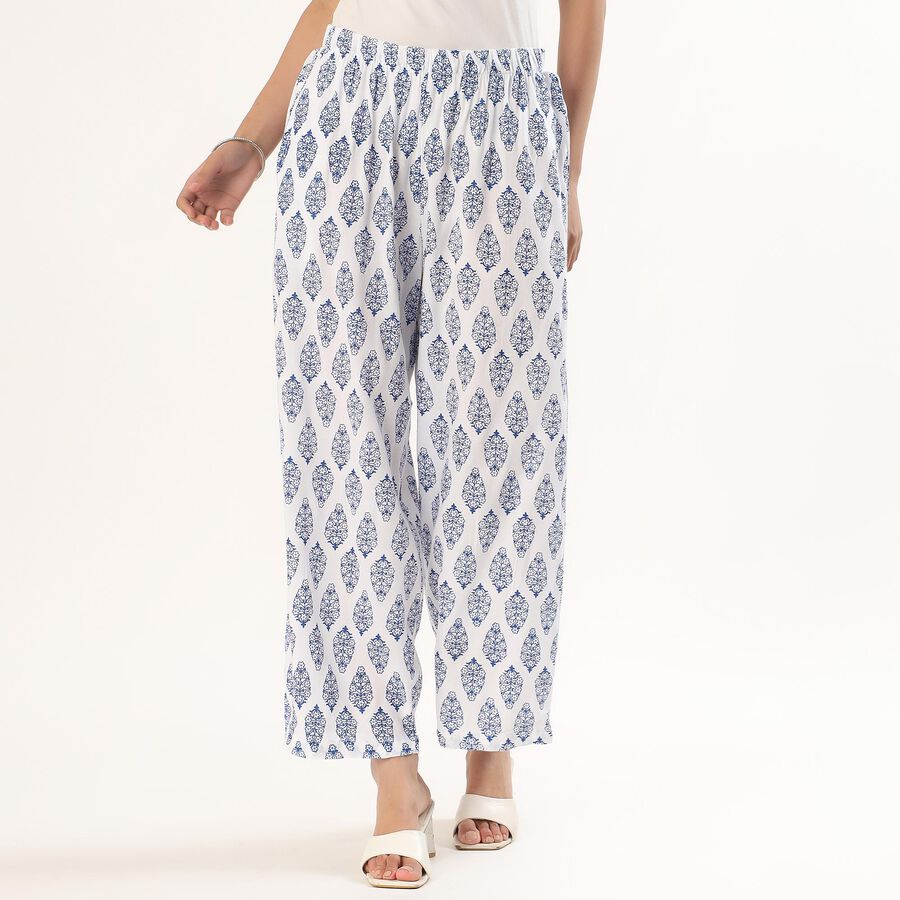 Women's White and Blue Printed Wide-Leg Palazzos, सफ़ेद, large image number null