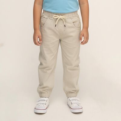 Boys Beige Cotton Elastic Waist Jogger Trousers