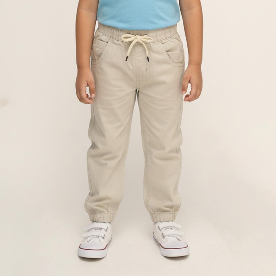 Boys Beige Cotton Elastic Waist Jogger Trousers, Beige, large image number null
