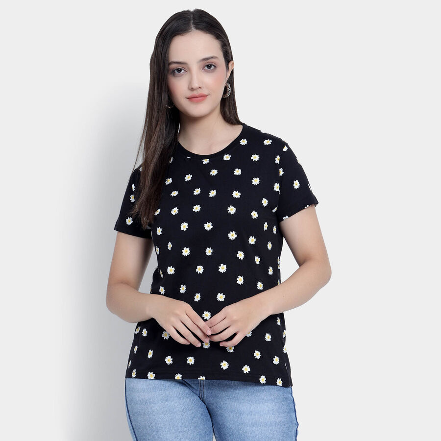 Cotton Round Neck T-Shirt, Black, large image number null