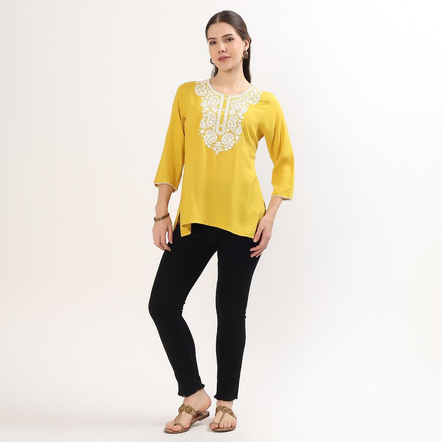 Women's Bright Mustard Yellow Round Neck Embroidered Kurti, पीला, large image number null