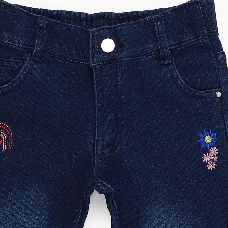 Girls Dark Indigo Slim Fit Embroidered Jeans, मध्यम नीला, large image number null
