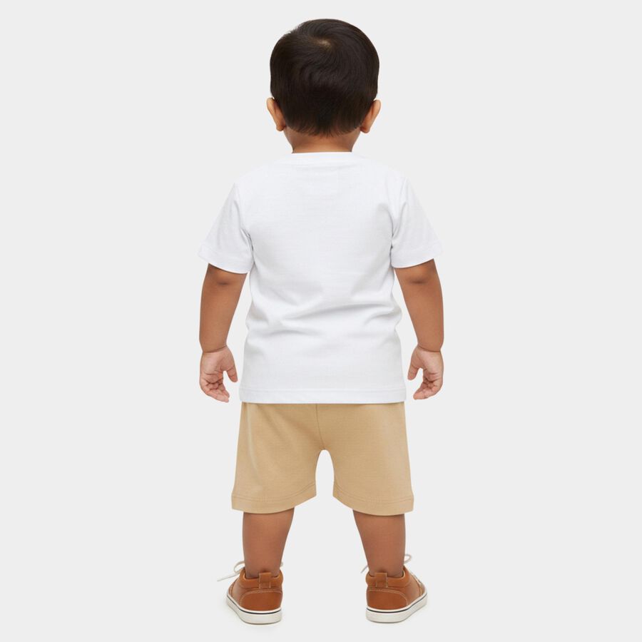 Infants' Beige Cotton Round Neck Printed and Applique Baba Suit, गहरा पीला, large