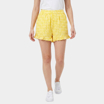 Women's Yellow Regular Fit Gingham Ruffle Hem Shorts
