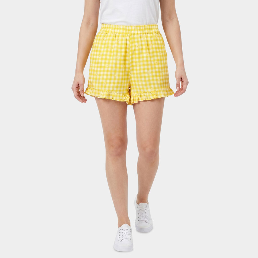 Women's Yellow Regular Fit Gingham Ruffle Hem Shorts, Yellow, large