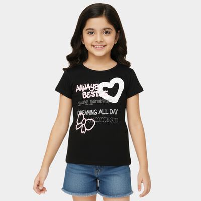 Girls Black Cotton Round Neck Casual T-Shirt