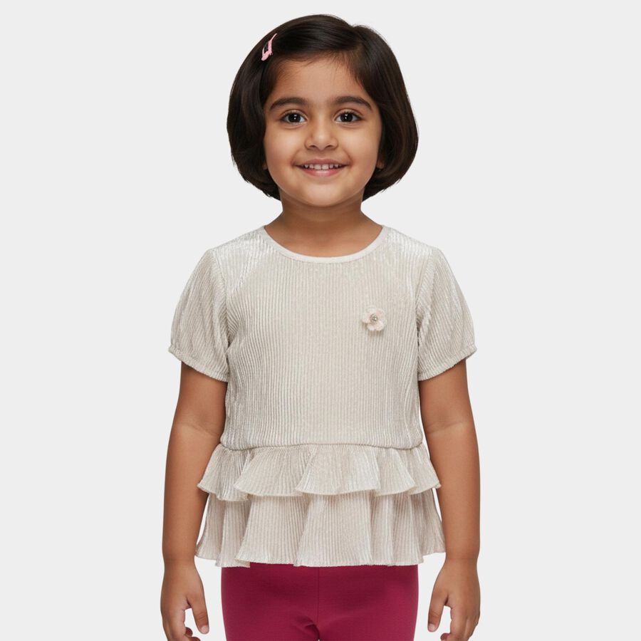 Girls' White Round Neck Romantic T-Shirt, सफ़ेद, large