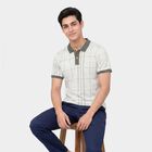Men's Grey Cotton Polo Neck Checked T-Shirt, हल्का ग्रे, small