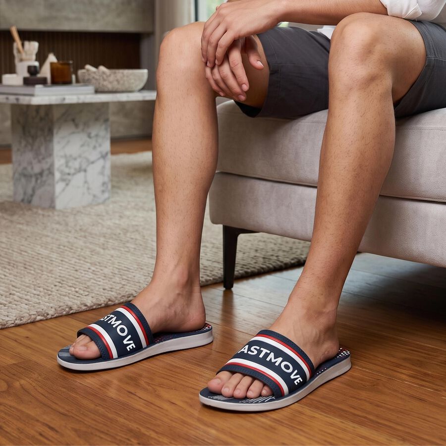 Men's Navy Blue PU Slip-On Slide Sandals, Navy Blue, large