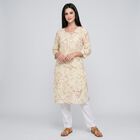 Women's Beige Round Neck Printed Kurta, Beige, small
