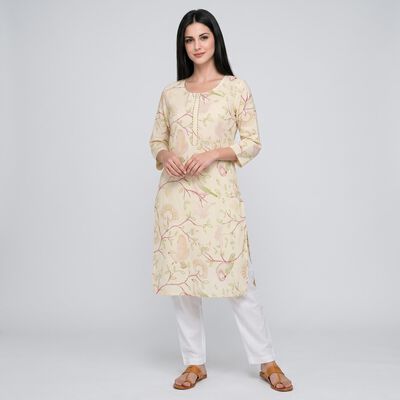 Women's Beige Round Neck Printed Kurta