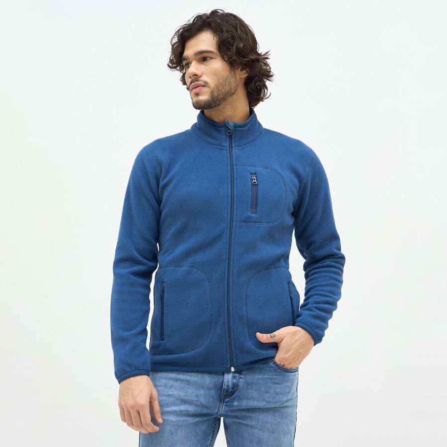 Men's Deep Steel Blue High Neck Full Zip Sweatshirt, Teal Blue, large image number null