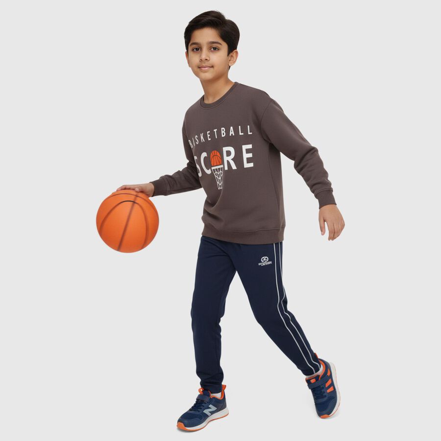 Boys Dark Chocolate Brown Crew Neck Graphic Sweatshirt, Charcoal, large image number null