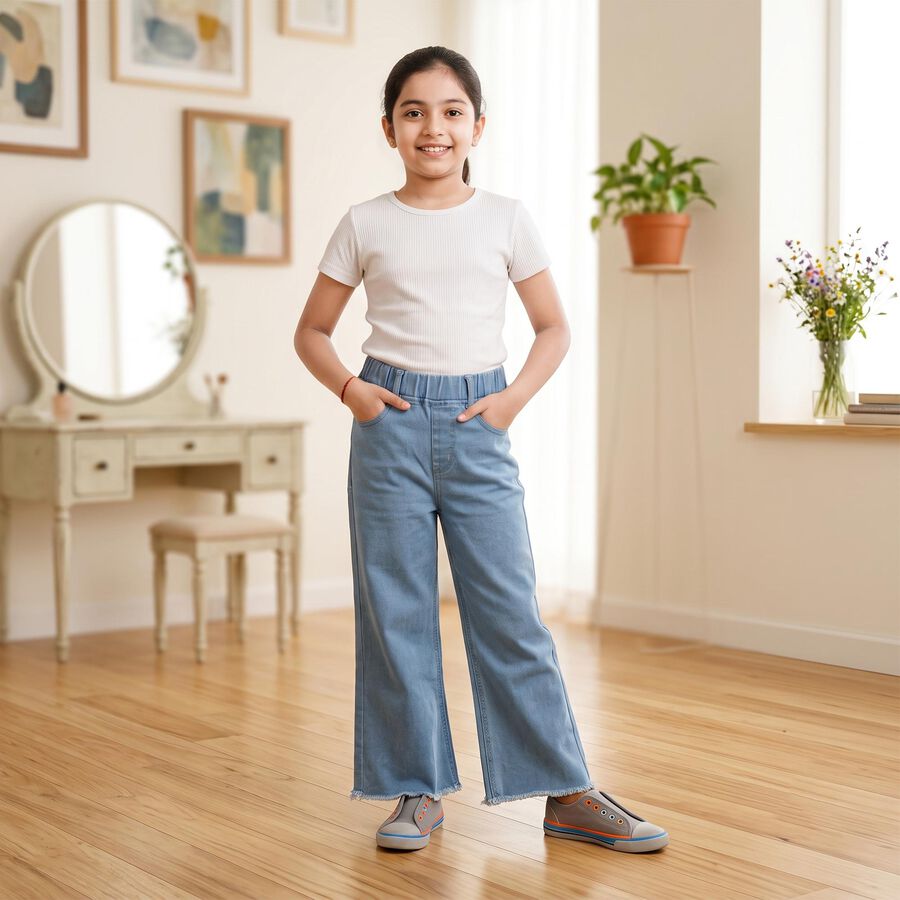 Girls' Light Blue Wide Leg Frayed Hem Jeans, Mid Blue, large