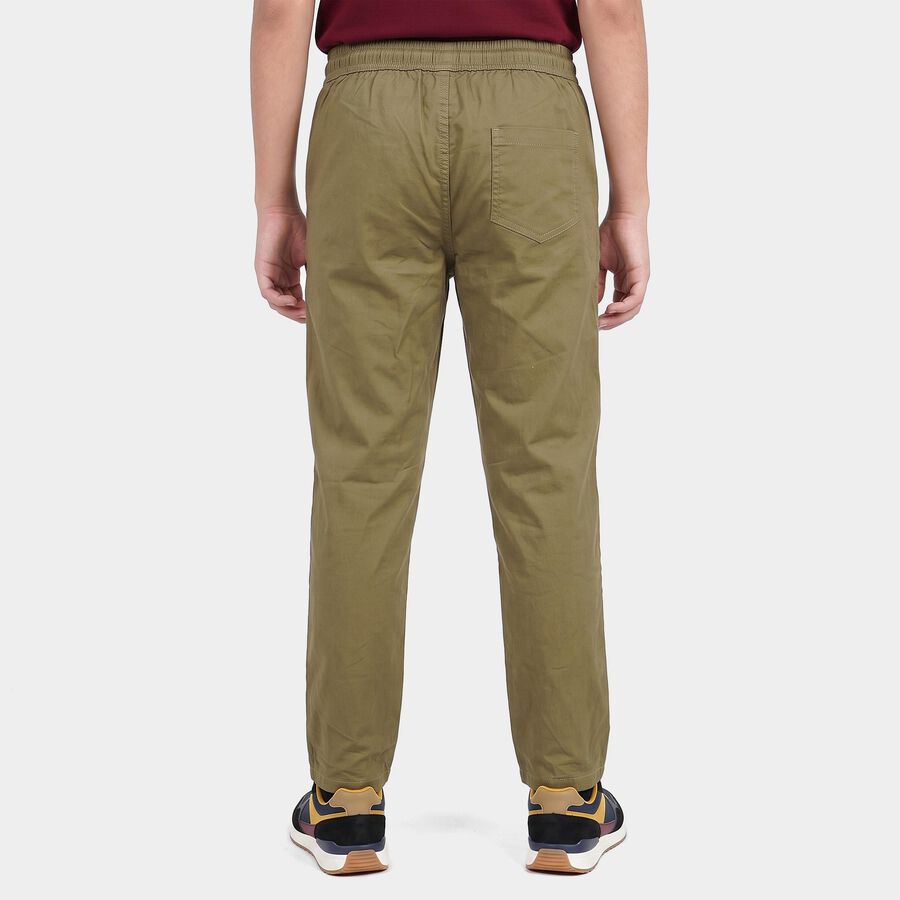 Boys' Olive Green Straight Fit Drawstring Waist Trousers, ओलिव, large