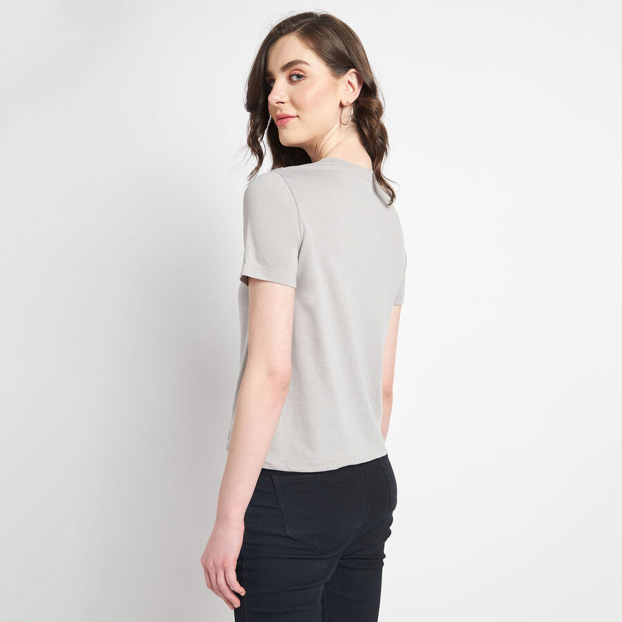 Embellished Round Neck T-Shirt, Dark Grey, large image number null
