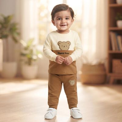Infants' Beige 100% Cotton Round Neck Graphic Print Baba Suit