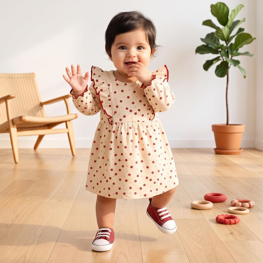 Infants' Cream Floral Printed Fit and Flare Frock, ऑफ व्हाइट, large