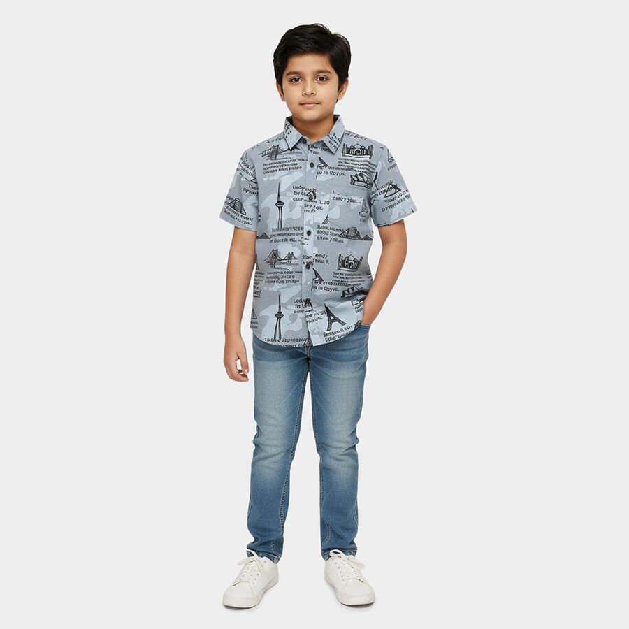 Boys' Light Grey Cotton Half Sleeve Classic Collar Casual Shirt, Light Grey, large