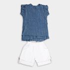 Girls' Muted Denim Blue Ruffle Sleeve Casual Top and White Shorts Set, Light Blue, small image number null
