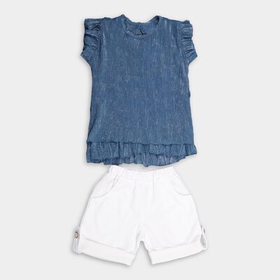Girls' Muted Denim Blue Ruffle Sleeve Casual Top and White Shorts Set
