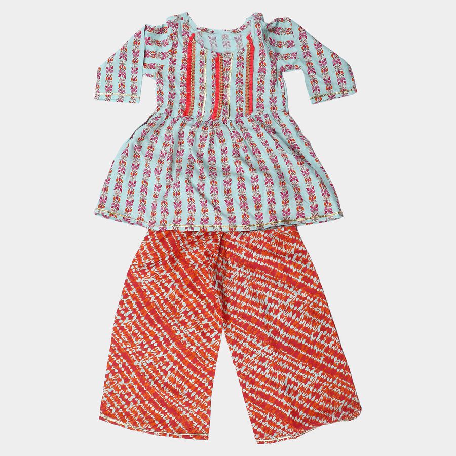 Girls Mint Green Round Neck Fusion Set Upper and Bottom Set, हल्का हरा, large