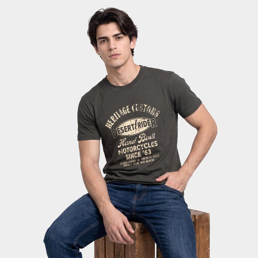 Men's Olive Green Round Neck Regular Graphic Print T-Shirt, हल्का हरा, large