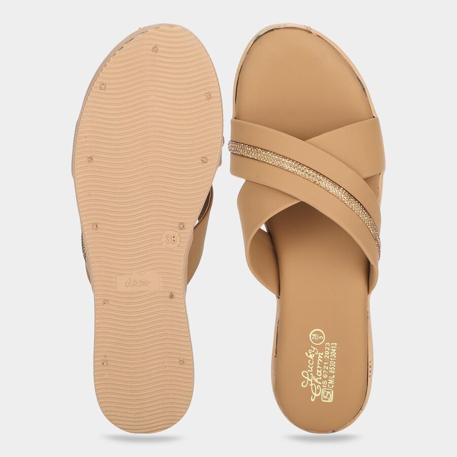 Women's Beige Embellished Slip-On Slide Sandals, Beige, large