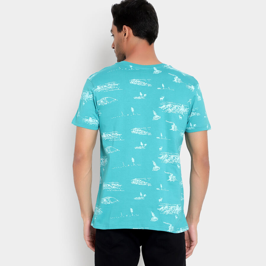 Cotton Printed Round Neck T-Shirt, Teal Blue, large image number null