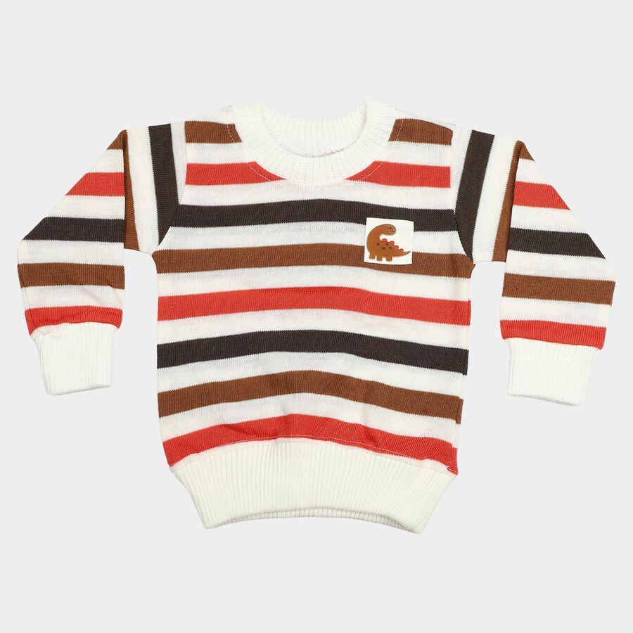 Infants White Crew Neck Striped Pullover, सफ़ेद, large