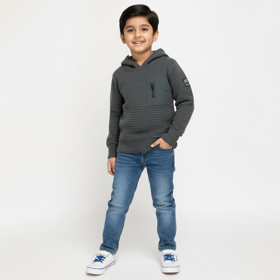 Boys Dark Grey Hooded Knit Pullover, हल्का हरा, large image number null