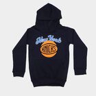 Boys' Navy Blue Hoodie Neck Graphic Sweatshirt, नेवी ब्लू, small
