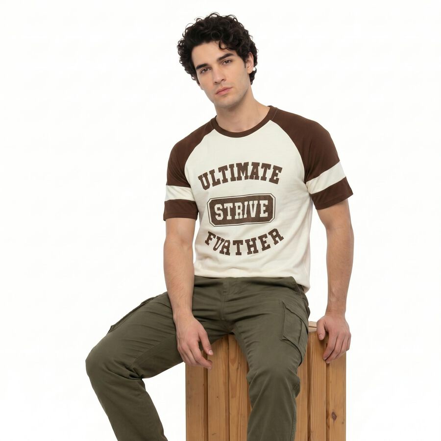 Men's Brown Round Neck Regular T-Shirt, Brown, large