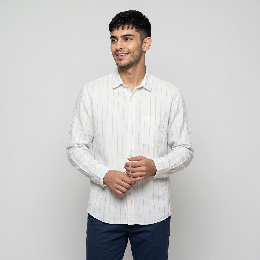 Men's White Cotton Striped Shirt, White, large