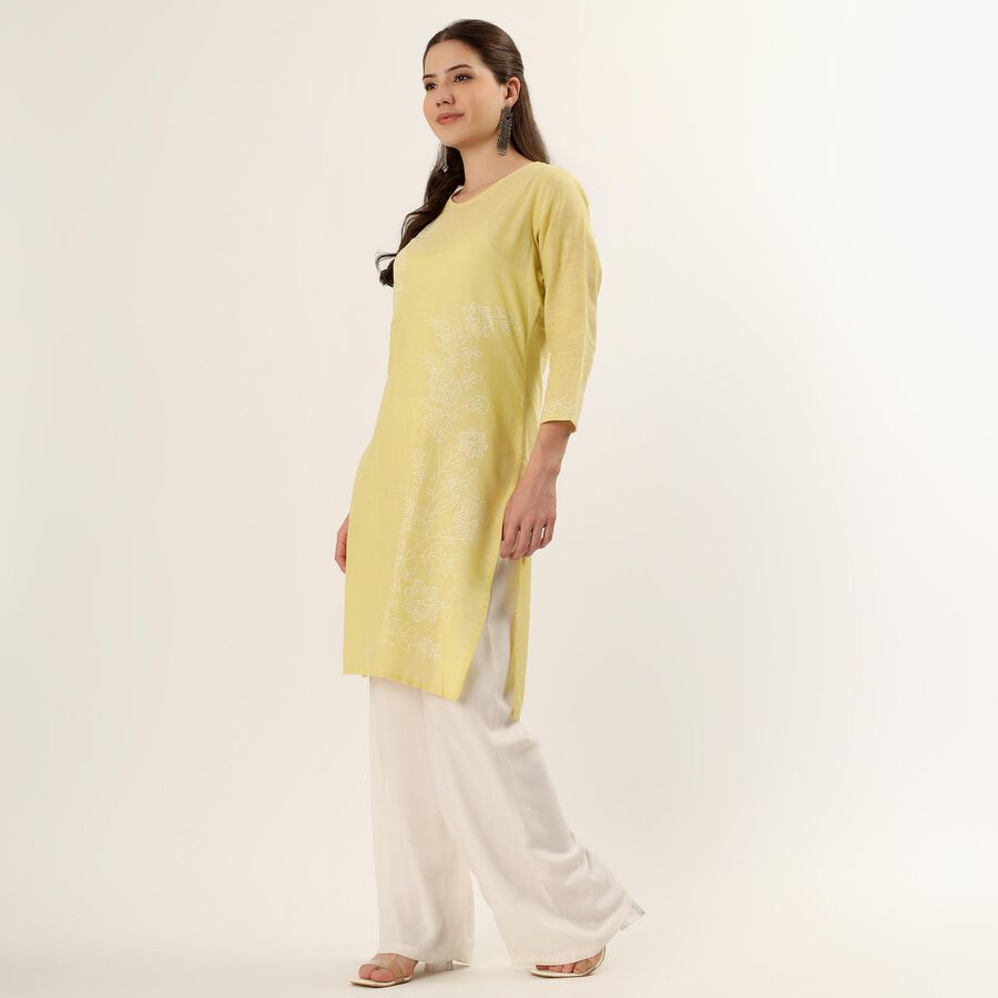 Women's Yellow 100% Cotton Round Neck Textured Kurta, पीला, large