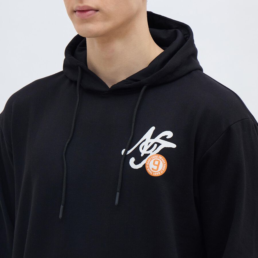 Men's Jet Black Hooded Neck Streetwear Sweatshirt, Black, large image number null