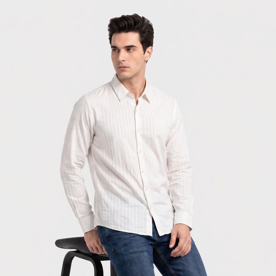 Men's White Striped Casual Shirt, Off White, large