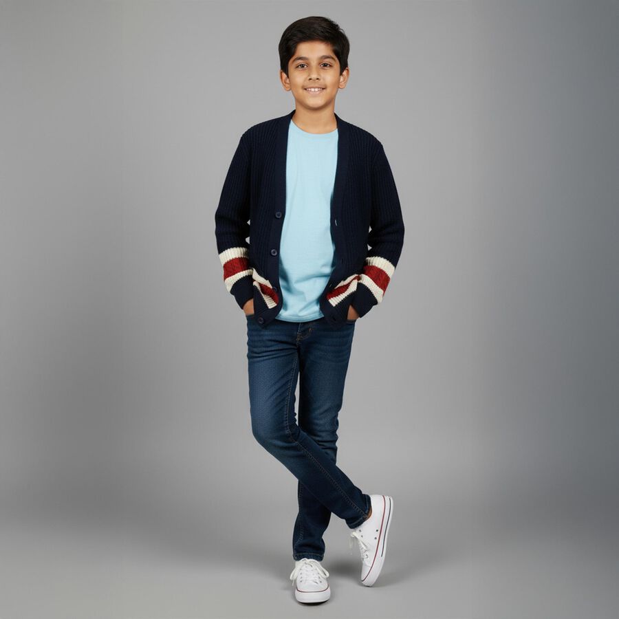 Boys Deep Midnight Navy Blue V-Neck Casual Pullover, Navy Blue, large image number null