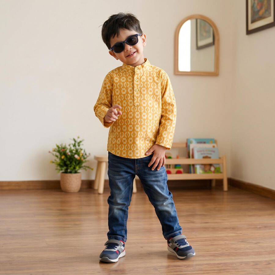 Boys' Yellow Cotton Mandarin Collar Casual Shirt, पीला, large