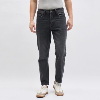 Men's Charcoal Black Straight Fit Stone-Wash Jeans