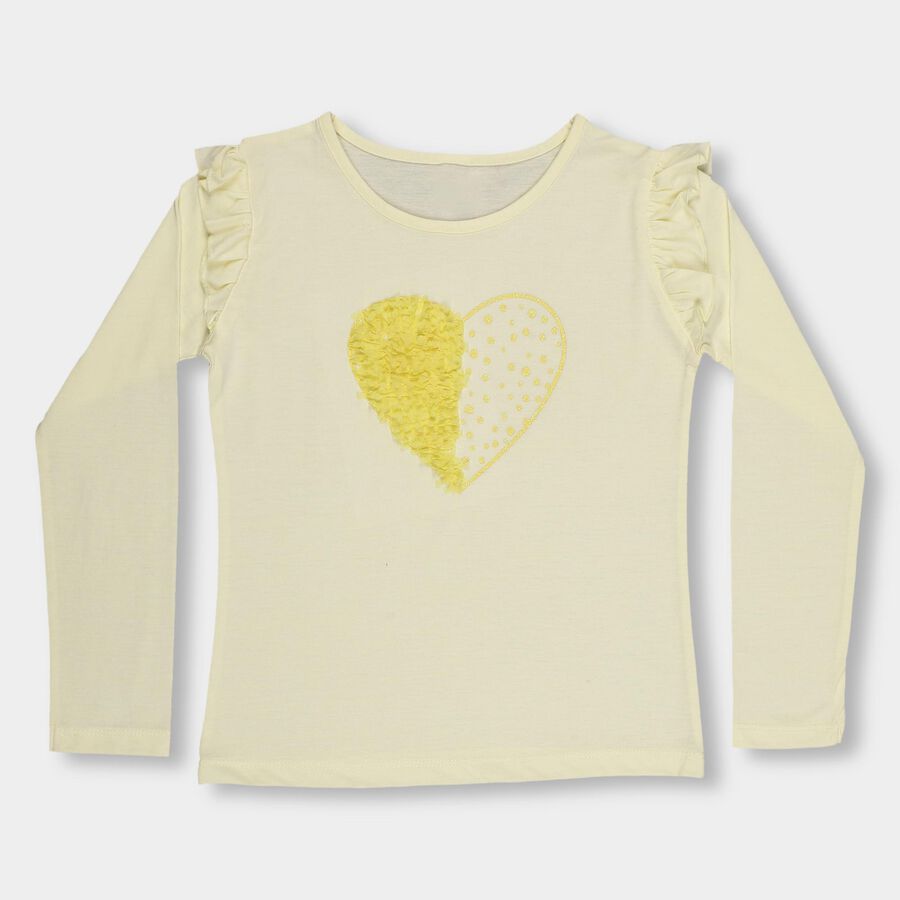 Girls' Soft Yellow Cotton Round Neck Ruffle Sleeve Top, पीला, large image number null