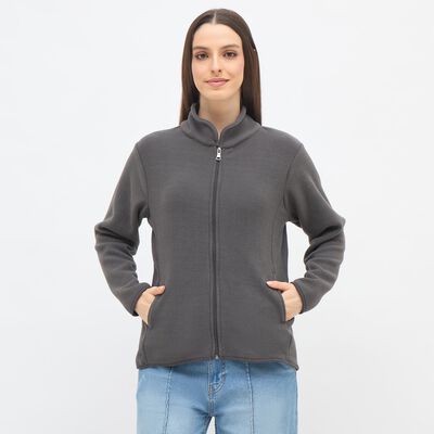 Women's Dark Grey High Neck Zip-Up Sweatshirt